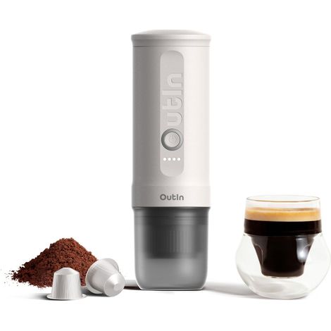 OutIn Nano Cafetera Espresso Eléctrica Portátil - Blanco Perla, Autocalentable USB-C, Café Molido y Cápsulas NS - Camping, Viaje, Senderismo