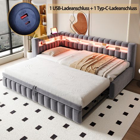 Canapé-lit rembourré 90x200 cm - avec éclairage LED - avec port de charge USB - lit gigogne - tissu velours - gris (matelas non inclus) (1/5)