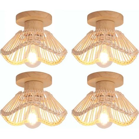 4x Plafonnier Vintage,E27 Lampe de Plafond Industriel Abat-jour en Rotin et Bois Lustre Style Nordique pour Couloir Salon (1/5)