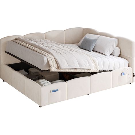 Lit rembourré, lit enfant, lit de jour, lit de rangement, canapé-lit 140x200 cm, avec sommier à lattes, chargeur USB, poche de rangement, lit ado et lit enfant/adulte, velours, beige (sans matelas)