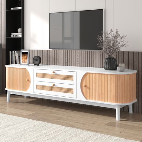 Meuble TV-Meuble TV en bois naturel avec portes et tiroirs. Support TV avec côtés en rotin. Solution de rangement, style maison de campagne naturelle
