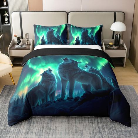 Parure de lit 100 % coton avec housse de couette 135 x 200 cm, turquoise, ombré, aurore, loups, faune, safari, paysage naturel, housse de couette douce et respirante (1/5)