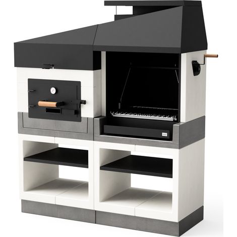 Barbecue extérieur avec four à bois – Gril argentin en acier et béton – 168 x 63 x 206 cm – Système d'extraction de fumée réglable – Tuozi (1/4)