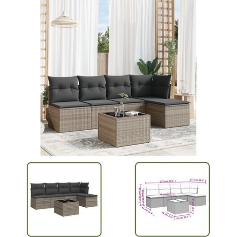 The Living Store 6-tlg. Garten-Sofagarnitur mit Kissen Grau Poly Rattan - Gartenmöbel Set - PE-Rattan Möbel - Outdoor Sofa - Esstisch Set - Lounge Garnitur (1/3)