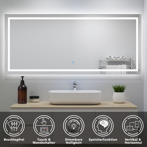 LED Badspiegel mit Kaltweiß Badezimmerspiegel 160x70 mit Beleuchtung Lichtspiegel Wandspiegel mit Touch-schalter beschlagfrei IP44 energiesparend (1/5)