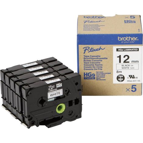 Brother HGe-231V5 Cassetta nastro Kit da 5 Colore Nastro: Bianco Colore carattere: Nero 12 mm 8 m
