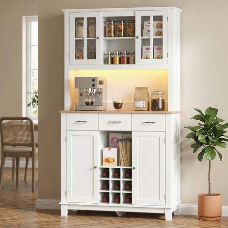 Buffet haut cuisine avec éclairage LED. vaisselier. 4 portes dont 2 en verre. tiroirs. porte-bouteilles. blanc