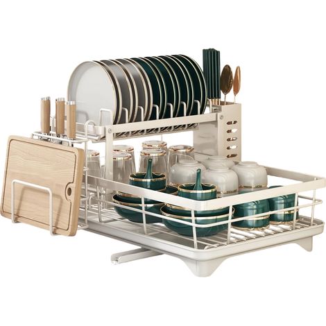 Égouttoir à vaisselle gain de place, égouttoir de cuisine en acier inoxydable avec porte-couverts, 30,5 cm (l) x 43 cm (l), blanc