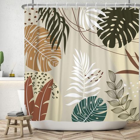 180x200cm Rideau de Douche du Milieu du Siècle Abstrait Monstera, Feuilles de Palmier, Boho Aquarelle Plante Salle de Bain, Baignoire Étanche (1/5)