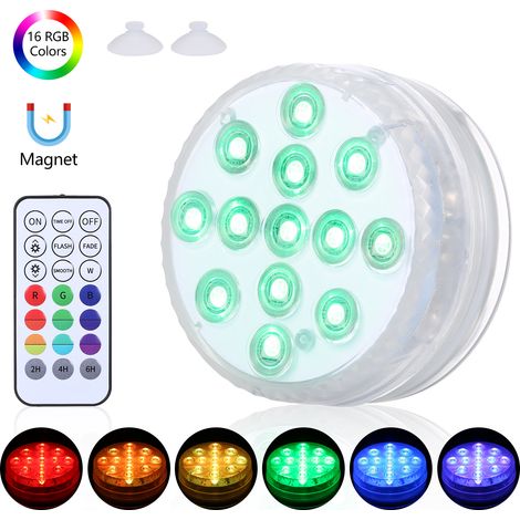 Lampe de piscine submersible avec télécommande RF, 13 LED RGBW à intensité variable, 16 couleurs et 3 modes d'éclairage, minuterie, aimants et ventouses, éclairage sous-marin étanche IP68 (1/5)