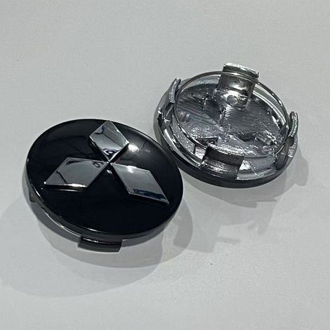 Cache moyeu de roue 60 mm pour Mitsubishi Lancer, Pajero, Outlander, ASX et modèles compatibles avec logo chromé noir, enjoliveur central jante voiture lot de 4 (1/2)