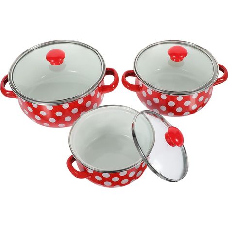 Set de 3 mini-soupes en émail avec couvercle (12 cm, 14 cm, 16 cm), fond rouge à pois blancs, pour mijoter et cuire à feu doux (1/5)