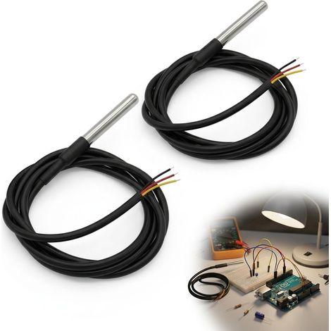 Lot de 2 Sonde de Température Numérique Étanche - Capteur Thermique Câblé en Acier Inoxydable -55°C à +125°C - Compatible avec , et Projets Domotiques (1M) (1/5)