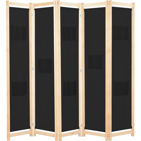 Cloison de séparation 5 panneaux, Paravent sur Pied, Séparation de pièce, Cloison mur écran Noir 200 x 170 x 4 cm Tissu GHJ13736 (1/5)