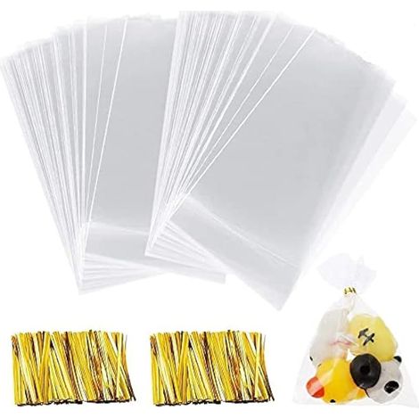 100 sachets OPP transparents avec attaches torsadées - Sachets plastique pour biscuits et bonbons (8 x 12 cm) (1/4)