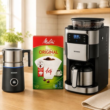 Thermos-Kaffeezubereitungsset (3-teilig) – 80 Filter, Touch-Mahlwerk mit Brühfunktion und Milchaufschäumer (1/5)