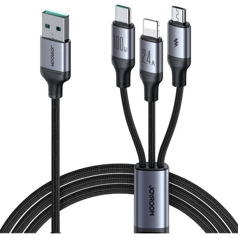 Joyroom 3 en 1 USB-A a Lightning, USB-C, Micro-USB, 100 W, 1,2 M - Negro
