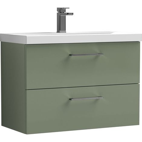 Balterley 800mm Wall Hung Bathroom 2 Drawer Vanity Unit and 1 Tap Hole Ceramic Basin, Satin Green with Brushed Pewter Handles