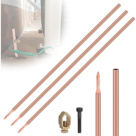 3 x Tige de Terre 1 m Tiges de Sol φ14,2 mm en Acier au Carbone, Revêtement en Cuivre Rouge de 0,2 mm Ground Rod avec Pince et Boulon d'Entraînement (1/5)