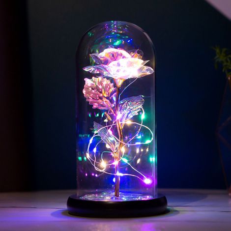 Rose artificielle multicolore arc-en-ciel illuminée sous dôme de verre (1 pièce)