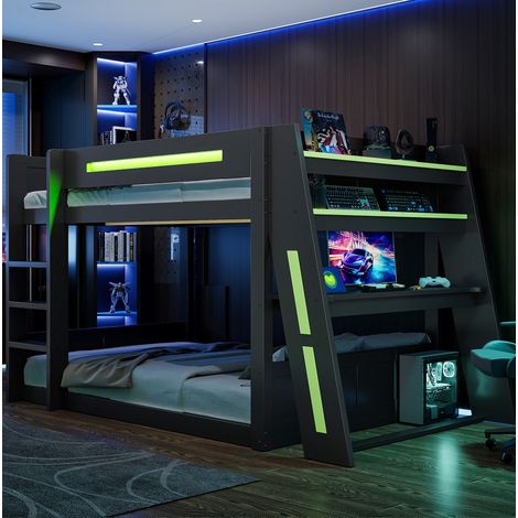 Letto a soppalco 140x200 cm in pino e MDF nero e verde, con scrivania, LED, USB e 2 ripiani. (1/5)