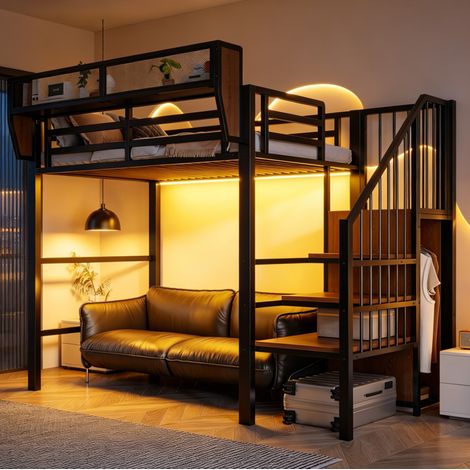 Hochbett 90x200 cm schwarz aus Metall mit LED-Lichtstreifen, Sicherheitsleiter und Stauraum (1/5)