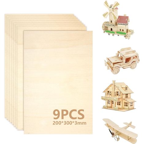 (9 Pièces) Contreplaqué 3mm, planche de bois 300 x 200 mm (+/- 0,5 mm), Panneau en Bois Multiplex, Planche Bois Brut Idéale pour Découpe Laser, Pyrogravure et CNC (1/5)