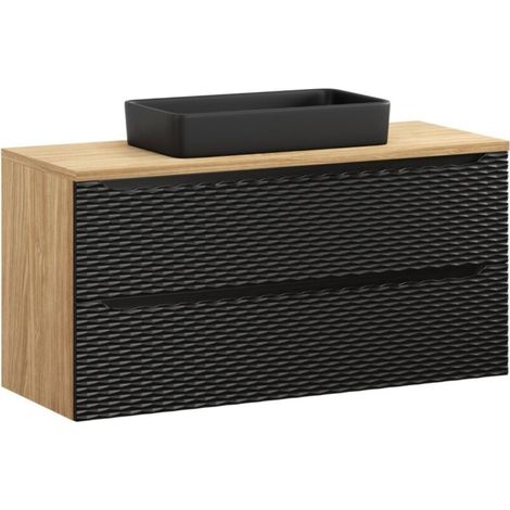 Badezimmer-Set YOKA schwarz: Waschbeckenunterschrank mit Schubladen 120 cm + Platte für Aufsatzwaschbecken + Aufsatzwaschbecken