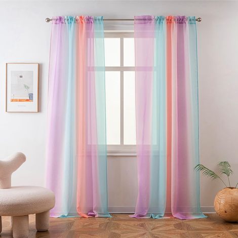 Rideaux en tulle dégradé arc-en-ciel - Rideaux en lin à panneau unique de 140 x 213 cm - Modèle à œillets, adaptés aux chambres de bébés, aux chambres d'enfants et aux chambres sur le thème des sirène (1/5)