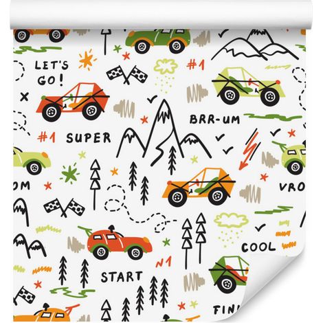 Papel pintado colorido con coches, árboles y montañas para salón y dormitorio, 50x1000 cm. (1/5)