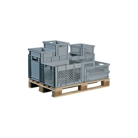 Contenedor de transporte L600xB400xH320mm gris PP asas pasantes paredes laterales perforadas (1/4)