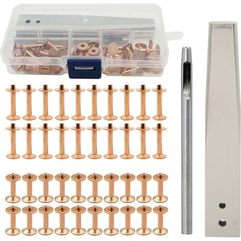Kit de bavures de Rivets en cuivre, Rivets en cuivre avec Setters, goujons antirouille, outil d'artisanat cuir bricolage pour sac à vêtements, ceinture Style C-Crezuo