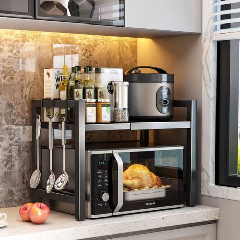 Ripiano regolabile per microonde, ripiano estensibile per microonde da cucina a 2 livelli, supporto per microonde in acciaio al carbonio, organizer per la cucina con 6 ganci, nero