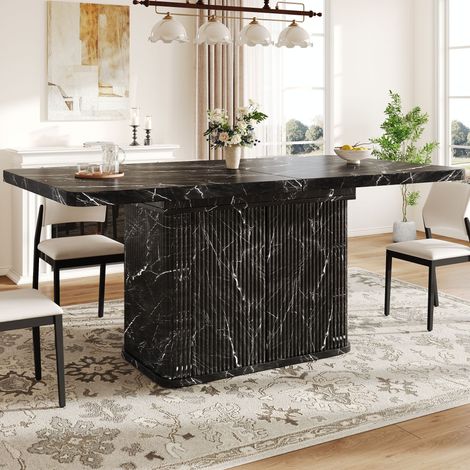 Table à manger extensible 140-180x80 cm avec rangement caché, plateau effet marbre noir, façade rainurée verticale, pieds réglables en métal (1/5)
