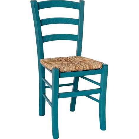 Chaise en bois vénitien turquoise avec assise en paille de riz (1/5)