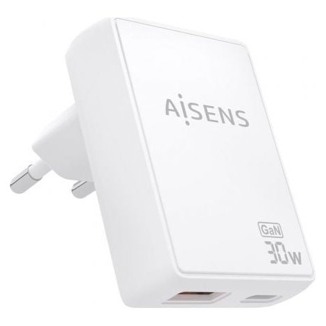 Cargador de Pared GaN Aisens ASCH-30W2P074-W/ 1xUSB Tipo-C/ 1xUSB/ 30W/ Blanco