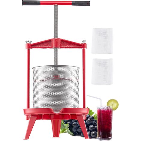 Pressoir à Fruits Manuel 14 L, Presse à Vin Panier en Acier Inoxydable, avec Poignée en T et Structure Triangulaire, Presse à Jus, Raisin, Cidre de Pomme pour la Cuisine et la Maison, Rouge (1/5)