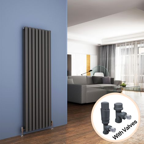 ELEGANT Vertical Radiator 1600 x 472mm Double Panel Designer Anthracite Oval Column Heating Rad with Thermostatic Radiator Valves (1/5)