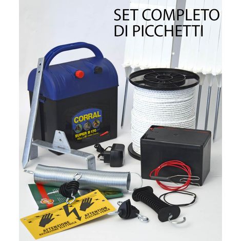 Set recinto con batteria: SET RECINZIONE ELETTRICA completa di elettrificatore, corda, barriera con molla per cancello, targa e 20 picchetti