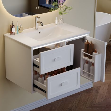 Meuble mural salle de bain 76x46x51 cm blanc laqué, éclairage LED, 2 tiroirs silencieux avec vasque intégrée (1/5)