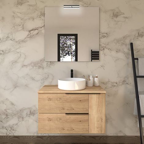 Meuble de salle de bain 90cm avec vasque à poser ronde - 2 tiroirs et un placard et miroir avec applique - roble (chêne clair) - KING
