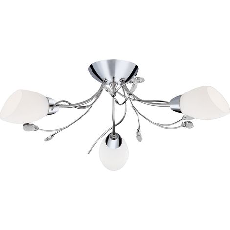 Plafonnier GARDENIA 3L affleurant style florale acier chromé et diffuseur verre blanc, pampilles cristal, E14 3x60w maxi, diamètre 60cm (1/3)