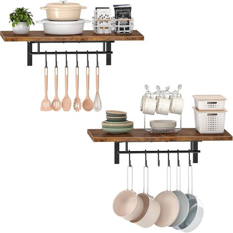Lot de 2, Étagère Murale pour Casseroles avec 12 Crochets, Support de Rangement pour Cuisine, pour Casseroles et Ustensiles, Étagère 60 x 36 cm, Marron Rustique et Noir (1/5)