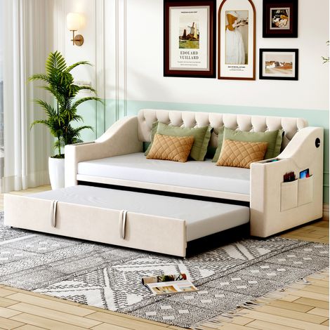 Divano letto 90x190 cm beige in velluto con braccioli portaoggetti (1/5)