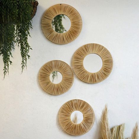 Ensemble de 4 décorations murales, miroir en raphia et acrylique, artisanat simple, idéal pour le salon. (1/5)