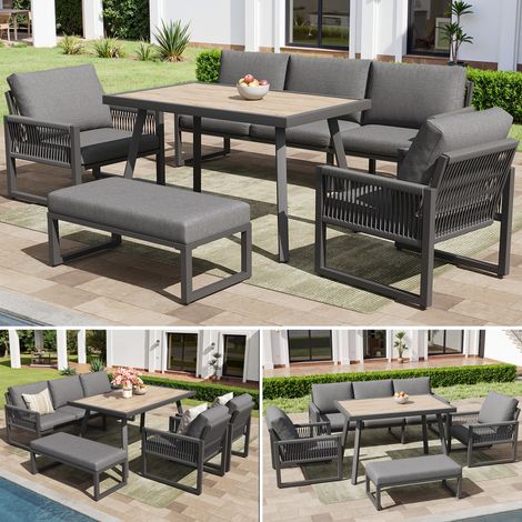 Salon de jardin moderne pour 6 personnes,Comprend Canapé,Fauteuils,Banc et Table,Résistant aux intempéries,Gris