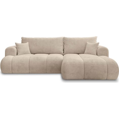 Intensedeco – Canapé d'angle convertible 3 places – Velours côtelé beige – Coffre de rangement – Couchage 120x200cm – Longueur 260cm – Largeur 165cm