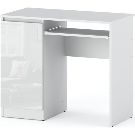 Bureau Gaming - 90 cm - Blanc brillant - Design moderne - 2 étagres pratiques