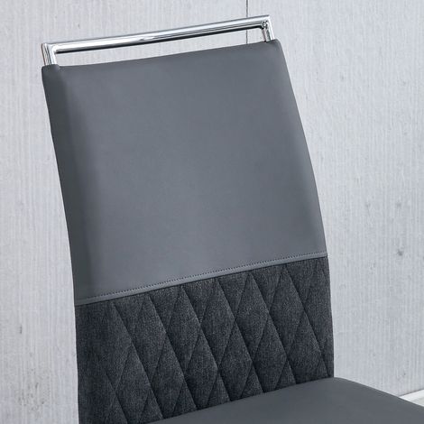 Chaise de salle à manger moderne lot de 2, dossier en simili cuir PU et lin, siège rembourré à haut dossier pour cuisine, bureau ou salle à manger, design à rayures horizontales, gris (1/5)