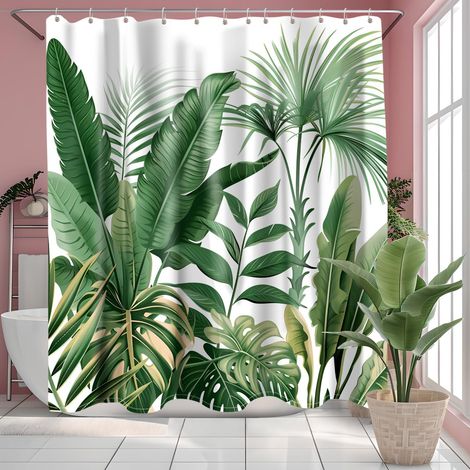 Rideau de douche en tissu motif feuilles vertes – polyester déperlant et lavable en machine – œillets métalliques et anneaux inclus – 180×180 cm (1/5)